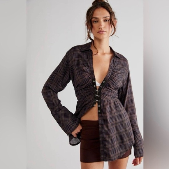 We The Free Tops - Free People We the Free Catalina Ruched Plaid Front hook Button-Front Women Top